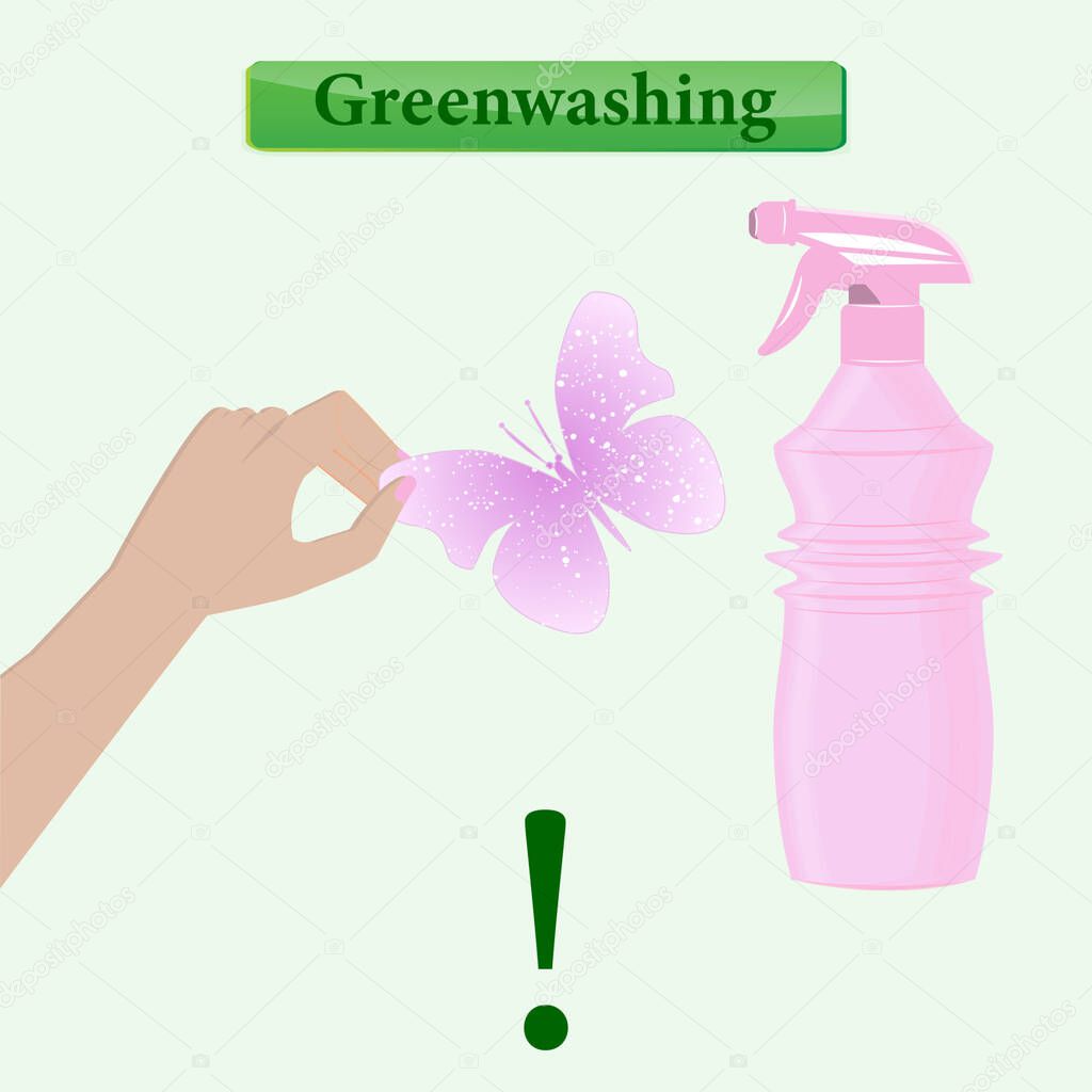 A bottle of household chemicals with a dispenser, a hand holds a butterfly - vector. Quality control of environmentally friendly products. Greenwashing