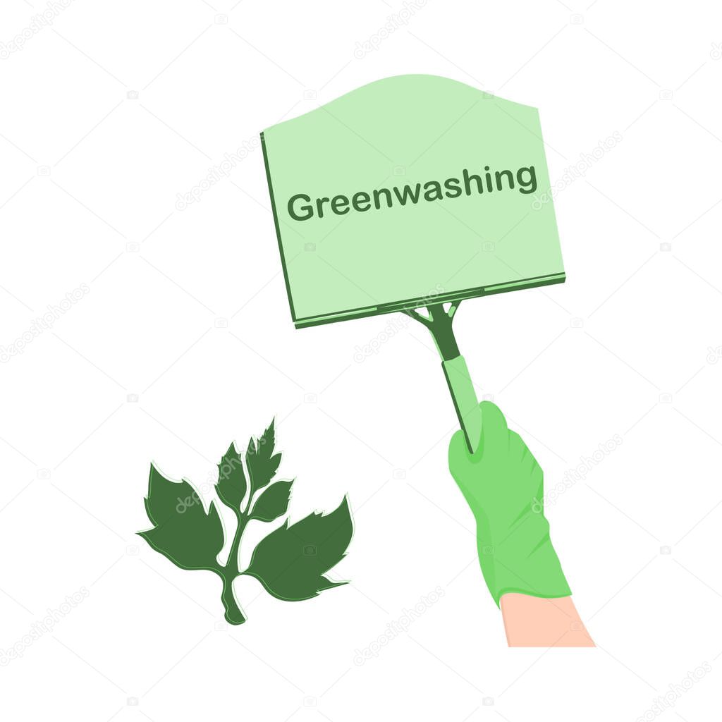 Hand in a rubber glove holds a scraper for cleaning - vector. Quality control of environmentally friendly products. Greenwashing