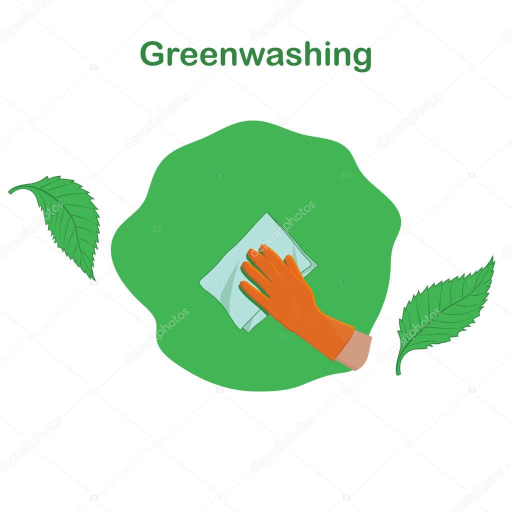Hand in a rubber glove holds a technical napkin - vector. Quality control of environmentally friendly products. Greenwashing