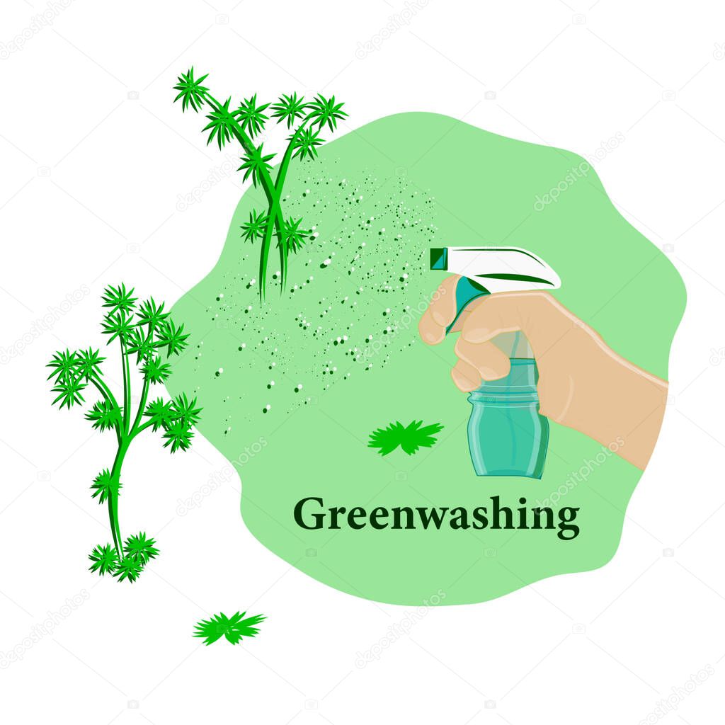 Green background with flowers, A hand in a rubber glove holds a bottle with a cleanser, a globe - vector. Quality control of environmentally friendly products. Greenwashing