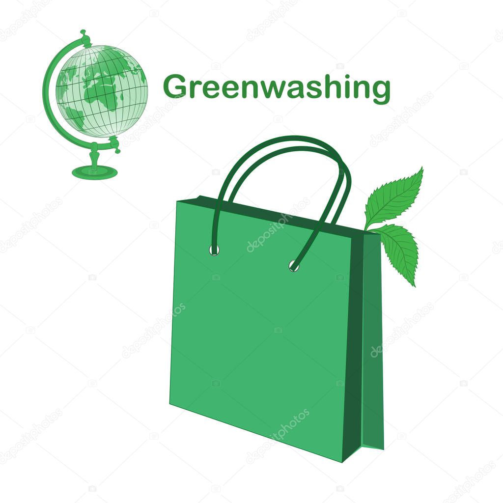 Shopping paper bag, globe - vector. Quality control of environmentally friendly products. Greenwashing