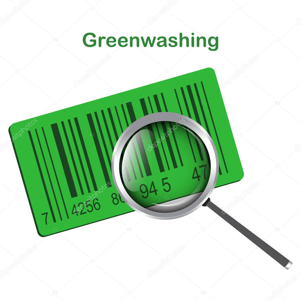 Barcode label, magnifying glass - vector. Quality control of environmentally friendly products. Greenwashing