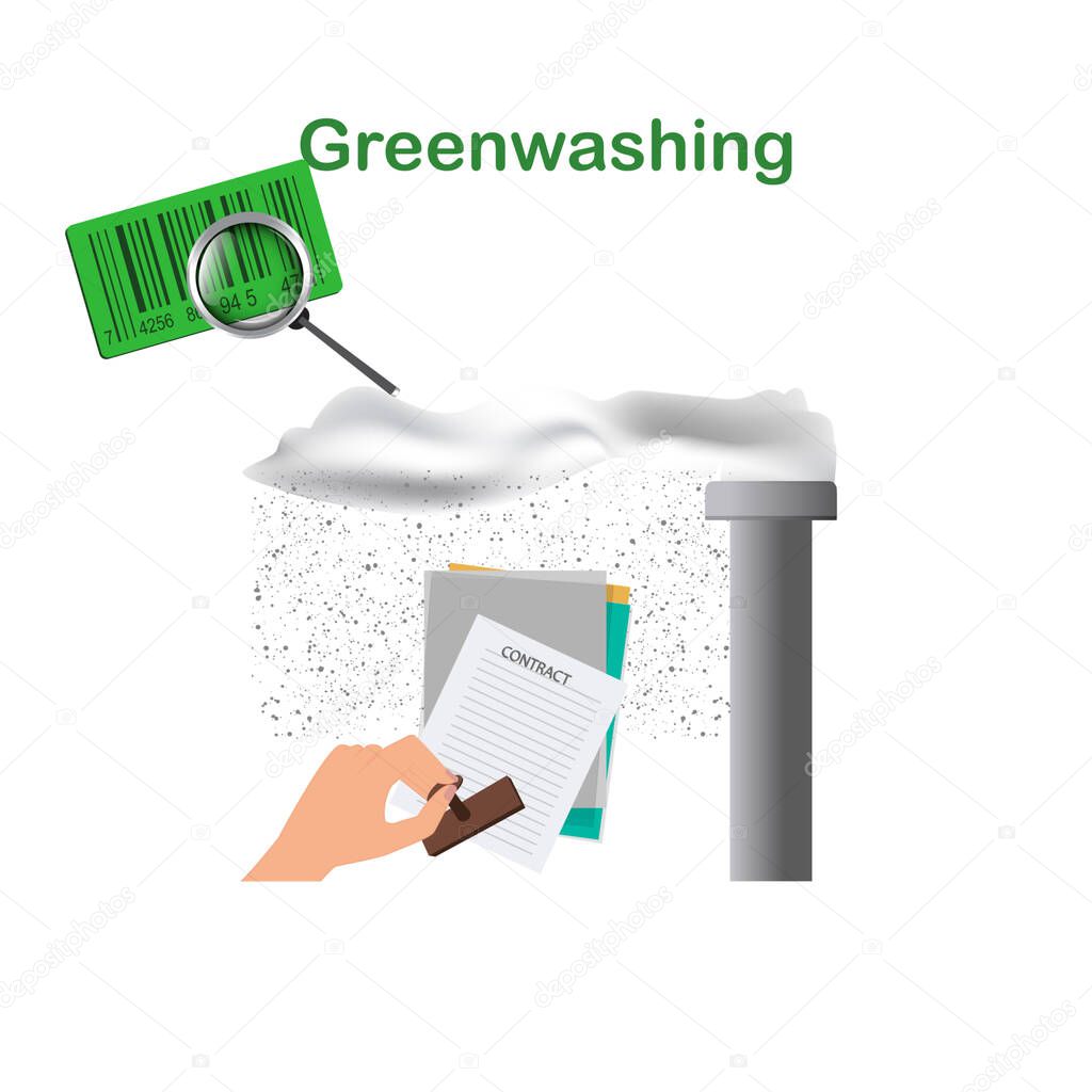 Factory chimney, smoke, precipitation, Hand with stamp, document, barcode label, magnifier - vector. Quality control of environmentally friendly products. Greenwashing.