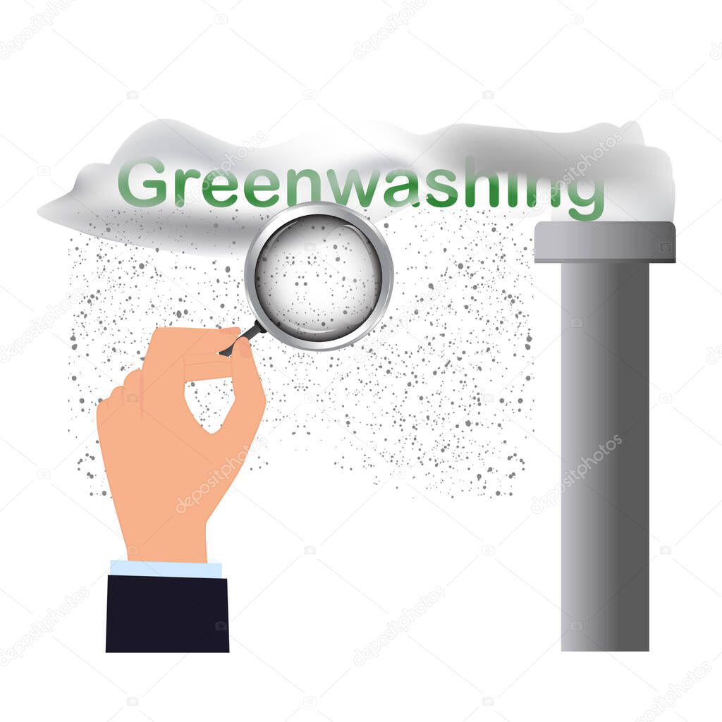 Hand, magnifier, factory chimney, smoke, precipitation, - vector. Quality control of environmentally friendly products. Greenwashing.