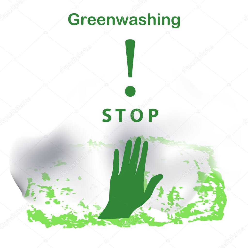 Hand, dirty gray cloud, lettering - stop - vector. Quality control of environmentally friendly products. Greenwashing.
