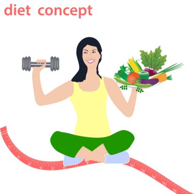 Kız gülüyor, elinde bir dambıl ve elinde sebze dolu bir çanak tutuyor, şerit, vektör. Diyet konsepti. Aralıklı oruç