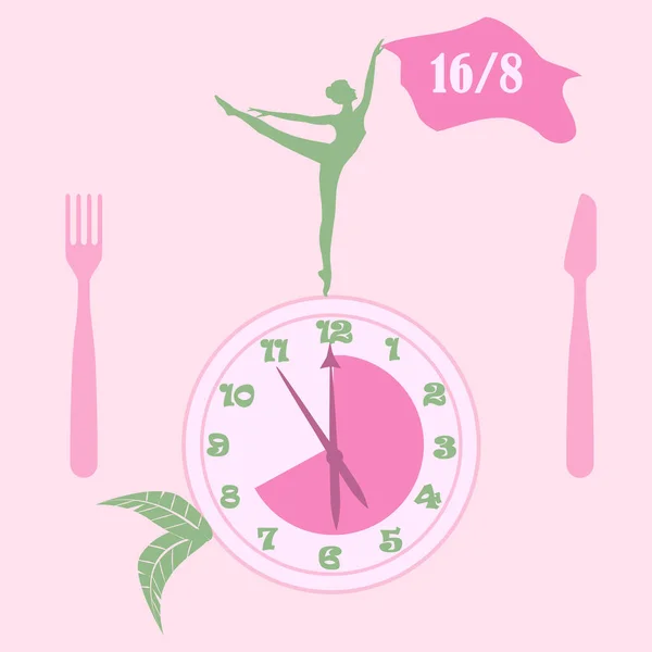 Concepto Dieta Ayuno Gimnasta Reloj Tenedor Cuchillo Vector Ayuno Intermitente — Vector de stock