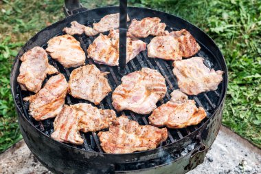 Bahçede ya da arka bahçede kömürlü barbekü ızgarası. Ön veya arka bahçedeki Black Kettle Grill 'in yan görüntüsü ve yeşil çimenler. Açık hava ızgarası için taşınabilir barbekü ızgarası