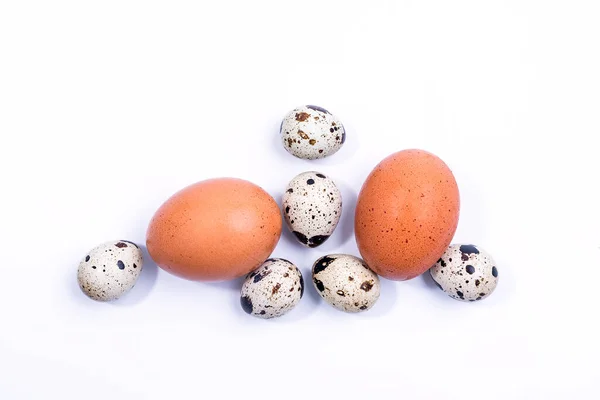 Huevos Pollo Crudos Pequeños Huevos Codorniz Sobre Fondo Blanco Cerca — Foto de Stock