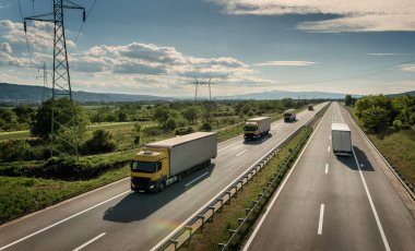 Parlak mavi bir günde dört şeritli otoban geçidi nakliye kamyonlarıyla. Otoyol trafiği.