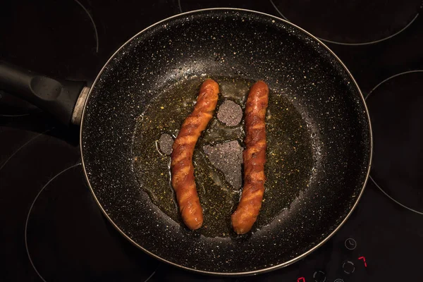 Saucisses Poêle Saucisses Dans Une Casserole Fonte Close Petit Déjeuner — Photo