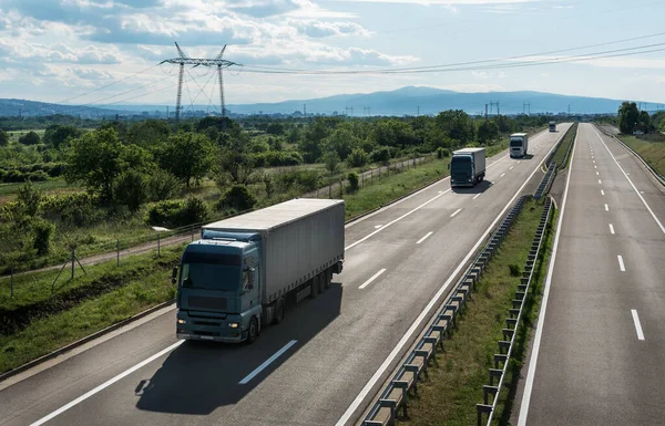 Convoy Blue Transportation Trucks Line Caravan Convoy Countryside Highway Blue — Stock Photo, Image