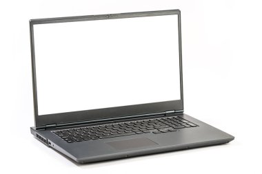 Büyük açık dizüstü bilgisayar beyaz arkaplanda izole edildi - Laptop ve Ekran için kırpma yolları ile yan görünüm