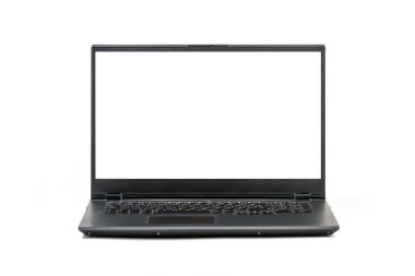 Büyük açık dizüstü bilgisayar beyaz arkaplanda izole edildi - dizüstü bilgisayar ve ekran için kırpma yolları ile ön görünüm