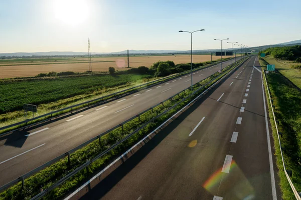 Empty Silent Freeway Asphalt Highway Road Beautiful Sunset Sky Pastoral — Foto Stock