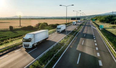 Konvoy, güneşli bir günde bir taşra otobanından geçen Beyaz Ulaşım kamyonlarını tercih etti. İş Ulaşım ve Taşımacılık Endüstrisi.