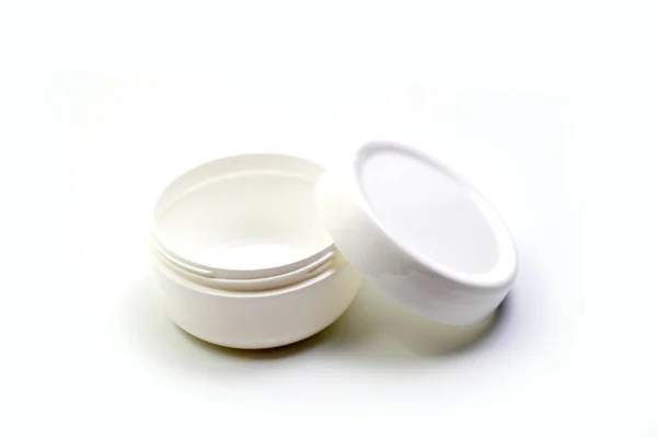 Empty White Plastic Opaque Cream Jar Lid Isolated White Background — Stock Photo, Image