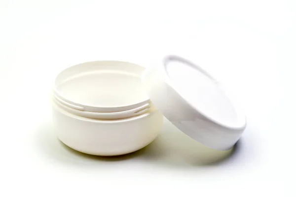 Empty White Plastic Opaque Cream Jar Lid Isolated White Background — Stock Photo, Image