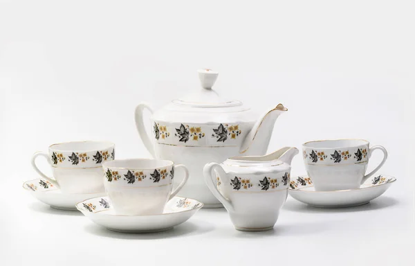 Luxury Vintage Porcelain Coffe Tea Set Επιτραπέζια Σκεύη Λευκό Φόντο — Φωτογραφία Αρχείου