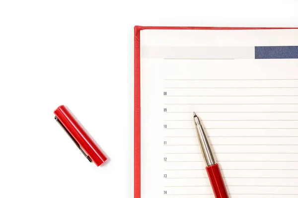 用红笔打开干净的红色笔记本 笔记本 大学学习知识 进行规划 从上面看复制空间 — 图库照片