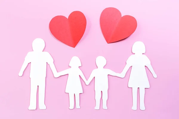 Paper Family Cut Out Bright Pink Background Paper Heart Family — Stock Photo, Image