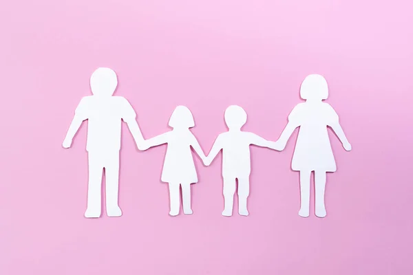 Família Papel Recortado Fundo Rosa Brilhante Casa Família Acolhimento Saúde — Fotografia de Stock