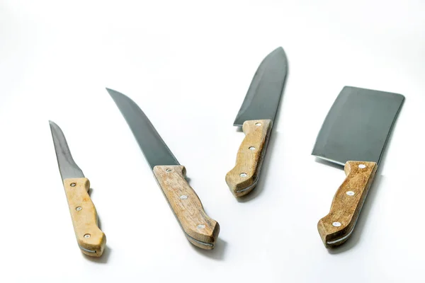 Sada Tří Kuchyňských Nožů Sekáček Izolované Bílém Pozadí Výstřižkem Cesta — Stock fotografie
