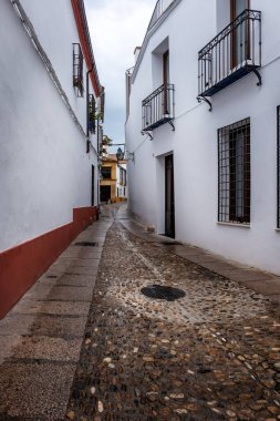 Cordoba 'da tipik bir dar sokak. Renkli saksılarla süslenmiş beyaz duvarları olan eski binalar.