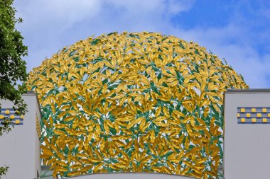 Viyana 'daki Art Nouveau Secession Building' in ikonik, yaldızlı yaprak kubbesine yakın plan görüntüsü.