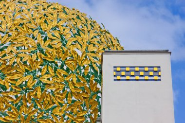 Viyana 'daki Art Nouveau Secession Building' in ikonik, yaldızlı yaprak kubbesine yakın plan görüntüsü.