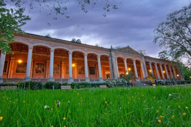 Alacakaranlıkta ya da gecede Trinkhalle binası yapıya dramatik bir atmosfer sağlıyor.
