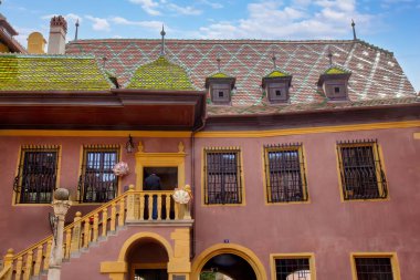 Geleneksel Alsas mimarisini sergileyen desenli kiremit çatılı ve dekoratif ön cepheli tarihi Colmar evi.