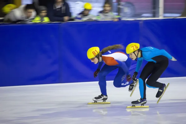 Patinador de velocidad no identificado en el campeonato de patinaje de velocidad de pista corta junior - Serbia abierto, 06 de diciembre 2015 . —  Fotos de Stock