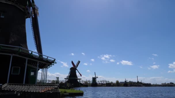 Mozgó Szélmalmok Folyóval Zaanse Schans Hollandia — Stock videók