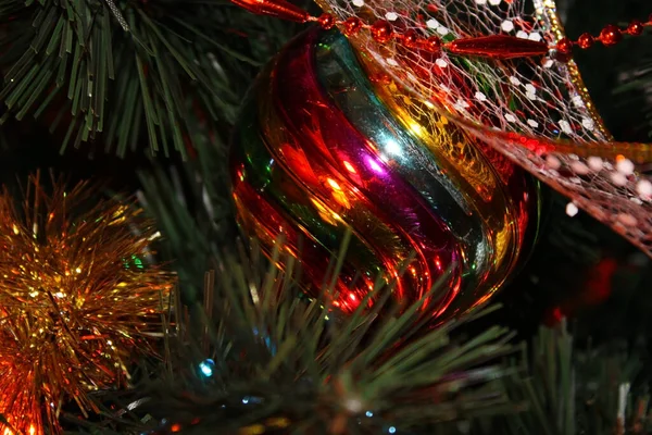 Christmas Colored Christmas Ball Decorates Tree Christmas Ball Ribbon Close — Stock Photo, Image