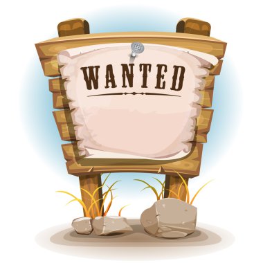 Cartoon Wood Sign With Wanted On Torn Paper clipart