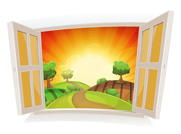 Ventana abierta sobre un paisaje rural de verano — Vector de stock