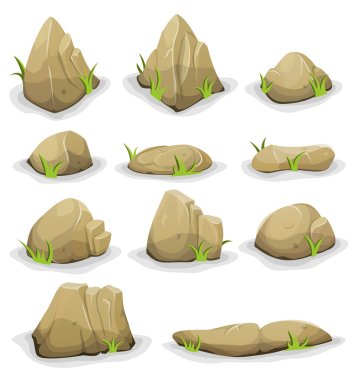 Rocks And Boulders With Grass Leaves Set clipart