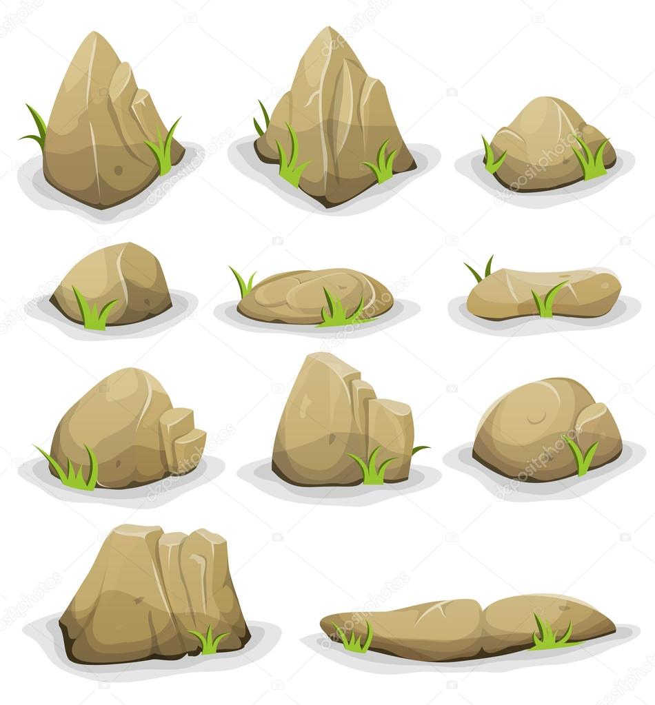 Rocks And Boulders With Grass Leaves Set