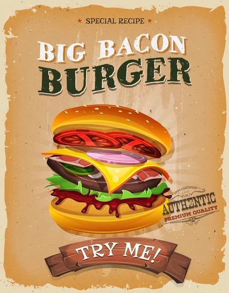 グランジとヴィンテージの大きなベーコン ハンバーガー ポスター — ストックベクタ