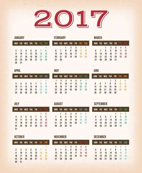 Calendario de diseño vintage para el año 2017 — Vector de stock