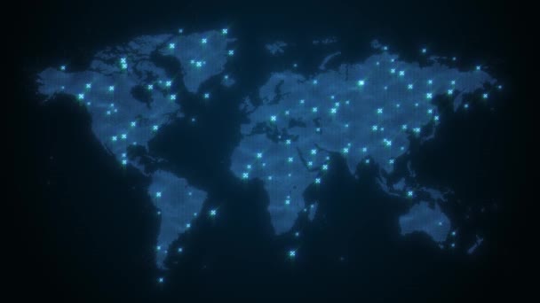 ワールドマップ Waving Global Technologyハイテク背景の4Kアニメーションとテクノロジー世界地図手を振って 輪郭と点が接続されたランダムなターゲットアイコン — ストック動画