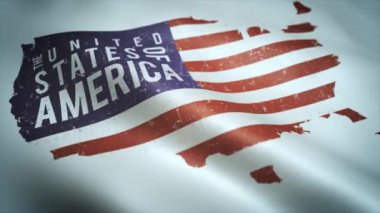 ABD Bayrak Dalgasındaki Amerikan Haritası. Arka plan Döngüsü / 4k animasyonu. Bayrak arka planında, kumaş ve grunge dokusu ve rüzgâr etkisinden arınmış Amerikan haritası.