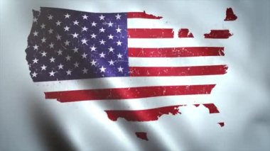 ABD Bayrak Dalgasındaki Amerikan Haritası. Arka plan Döngüsü / 4k animasyonu. Bayrak arka planında, kumaş ve grunge dokusu ve rüzgâr etkisinden arınmış Amerikan haritası.