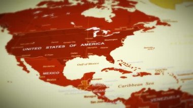 Dünya Haritası Arkaplan Uçuşu / 4k animasyonu çok renkli bir dünya haritası seyahat arka planında okyanus, ülkeler ve şehirlerle birlikte