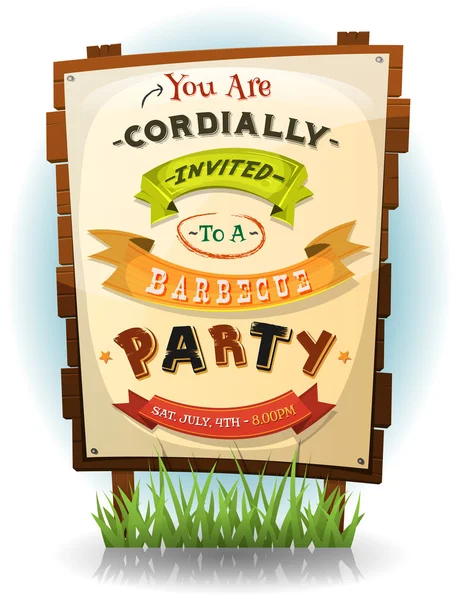 Fiesta de barbacoa Invitación en letrero de madera — Vector de stock