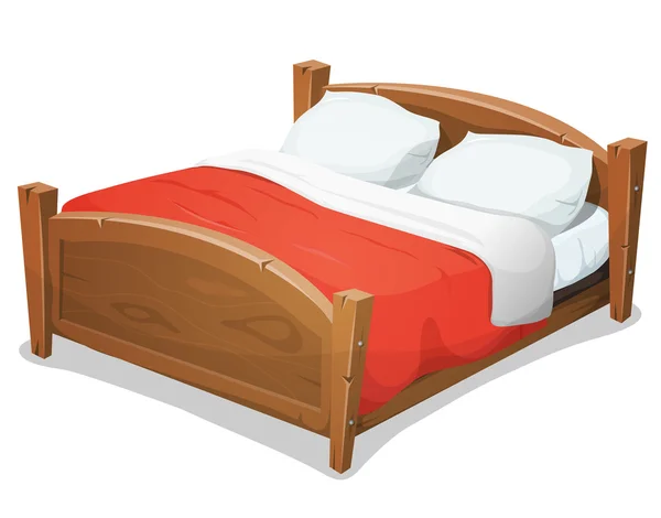 Cama de casal de madeira com cobertor vermelho —  Vetores de Stock