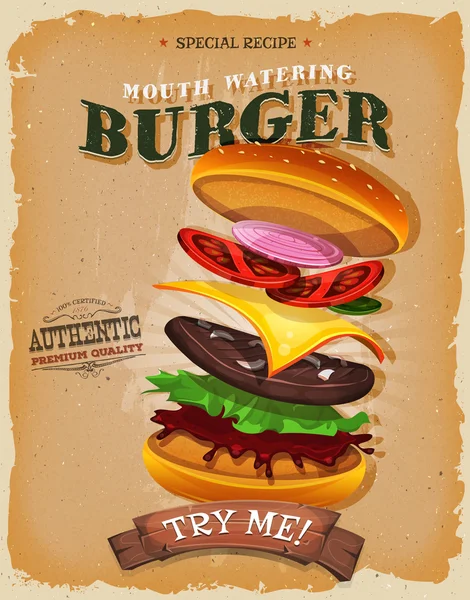 Grunge et Vintage Burger Ingrédients Affiche — Image vectorielle