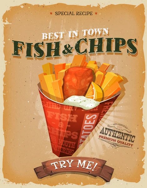 Grunge und Vintage Fish and Chips Poster — Stockvektor