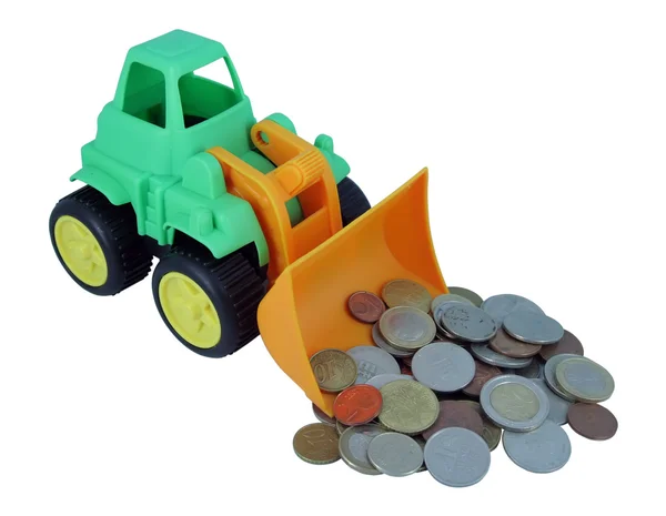 Bulldozer brinquedo coletando moedas . — Fotografia de Stock